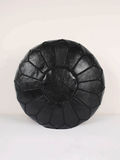 Moroccan Black Leather Pouffe - BeldiWeaves