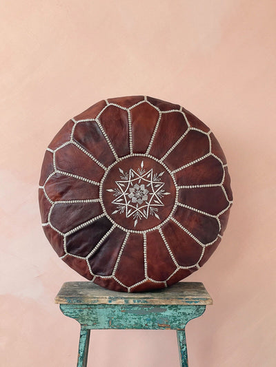 Moroccan Leather Pouffe, Chestnut - BeldiWeaves