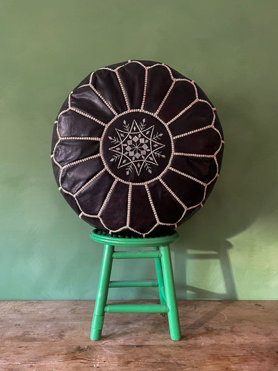 Moroccan Leather Pouffe, Ebony - BeldiWeaves