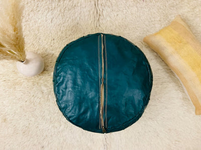 Green Moroccan Leather Pouf - BeldiWeaves