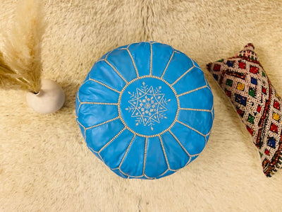 Sky Blue Moroccan Leather Pouf - BeldiWeaves