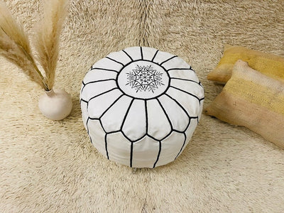 White Leather Moroccan Pouf - BeldiWeaves