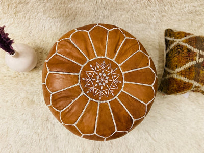 Winter Tan Brown Moroccan Leather Pouf - BeldiWeaves